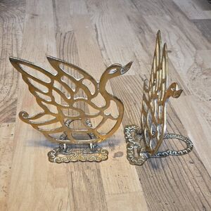 Vintage Brass Swan Cut Out Hinged Book Ends Matching Set Mid-Century 60's